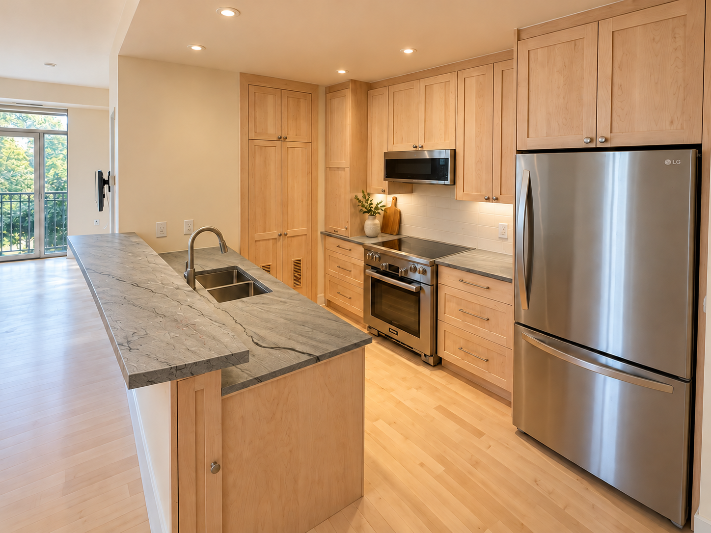 Warm wood kitchen cabinetry with a peninsula and integrated storage