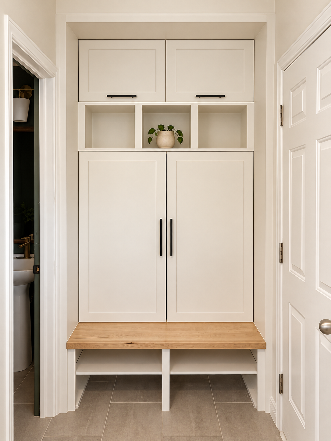 White entryway cabinetry
