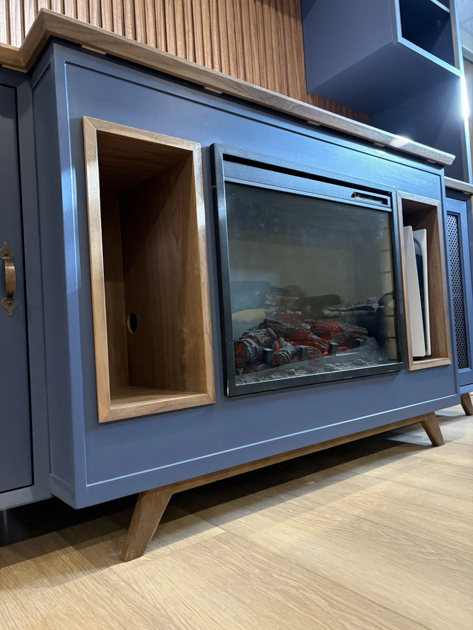 Wood-lined fireplace details