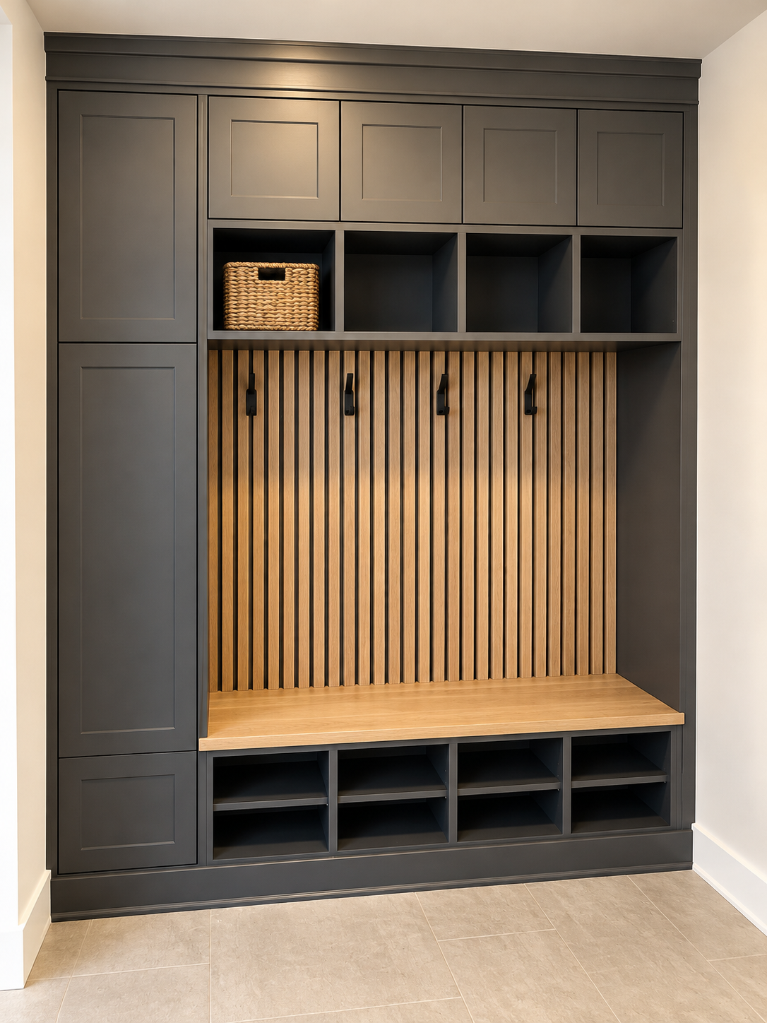 Charcoal & wood mudroom