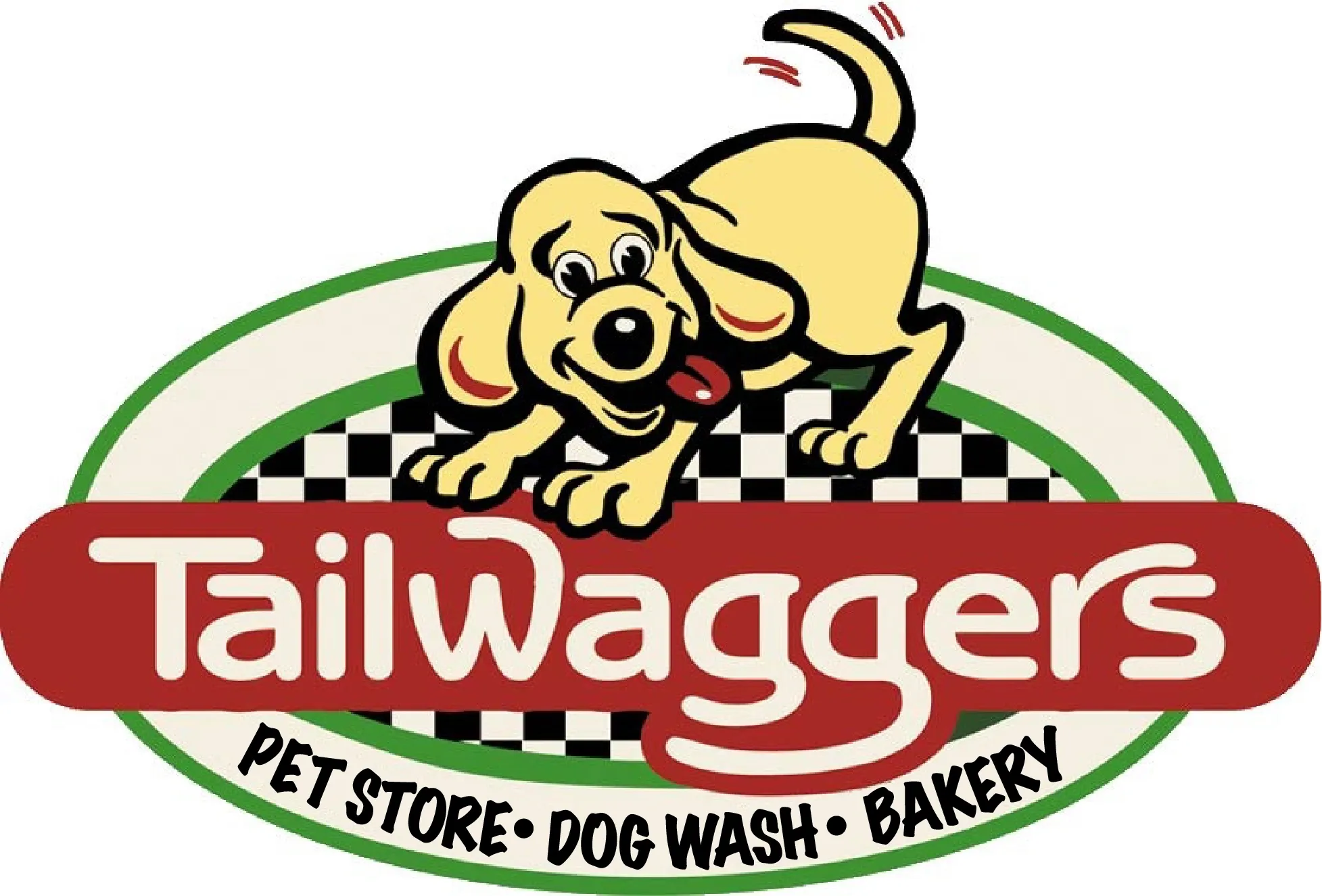 Logo for TailWaggers featuring a playful yellow dog on a black and white checkered background, with the business name in bold white letters on a red banner, and the tagline 'Pet Store, Dog Wash, Bakery' underneath.
