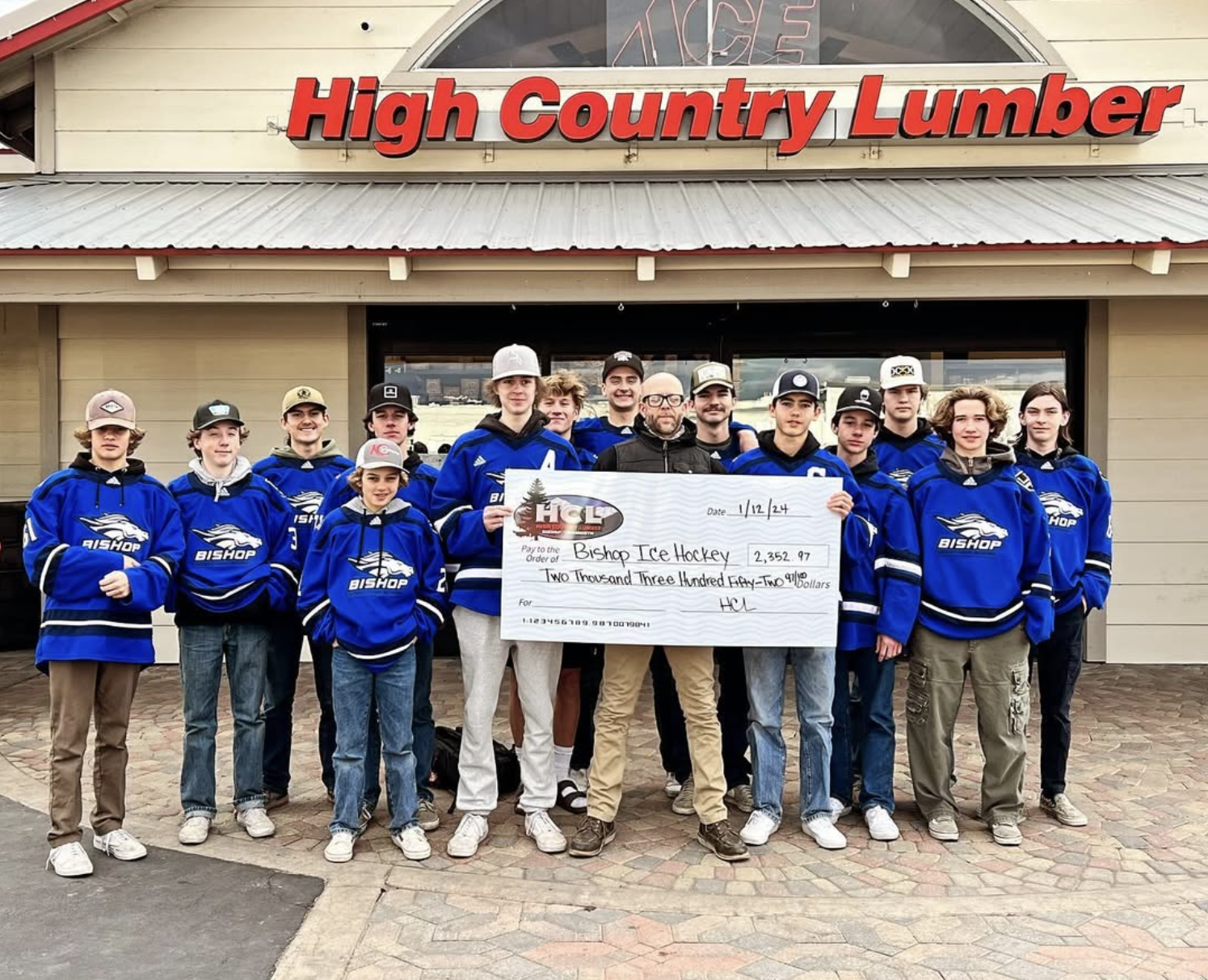 Several Bishop Broncos Ice Hockey Team members during the 2024/25 season at a HCL fundaraiser.