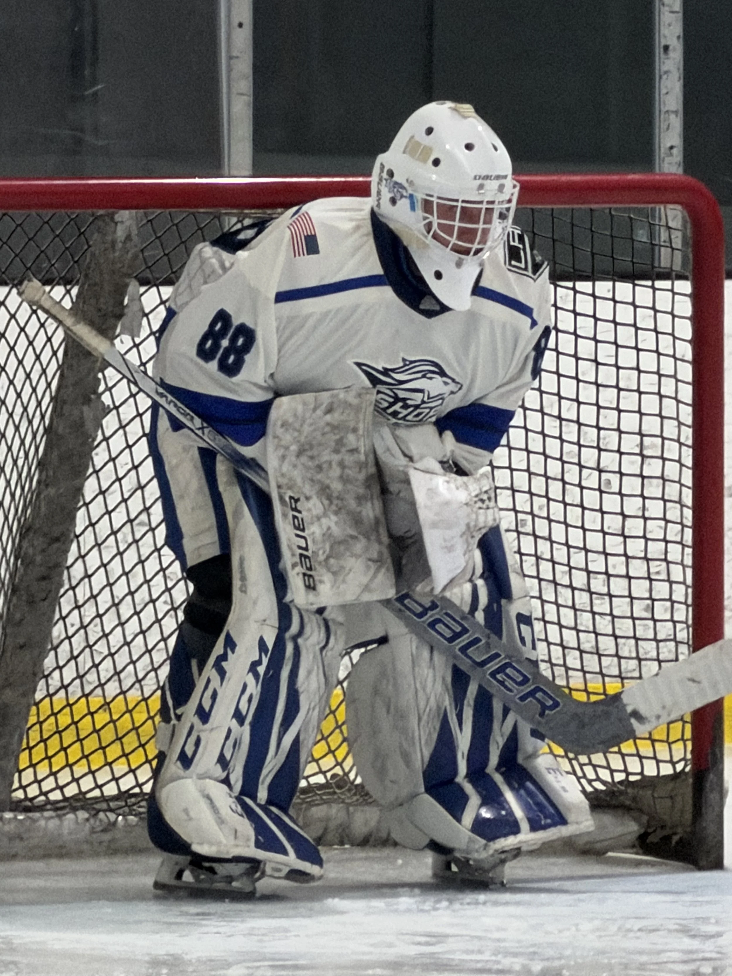 Bishop Broncos Ice Hockey goalie at an away game