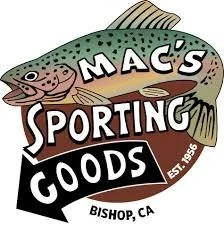 A logo for Mac's Sporting Goods featuring a fish with the store name, located in Bishop, California.