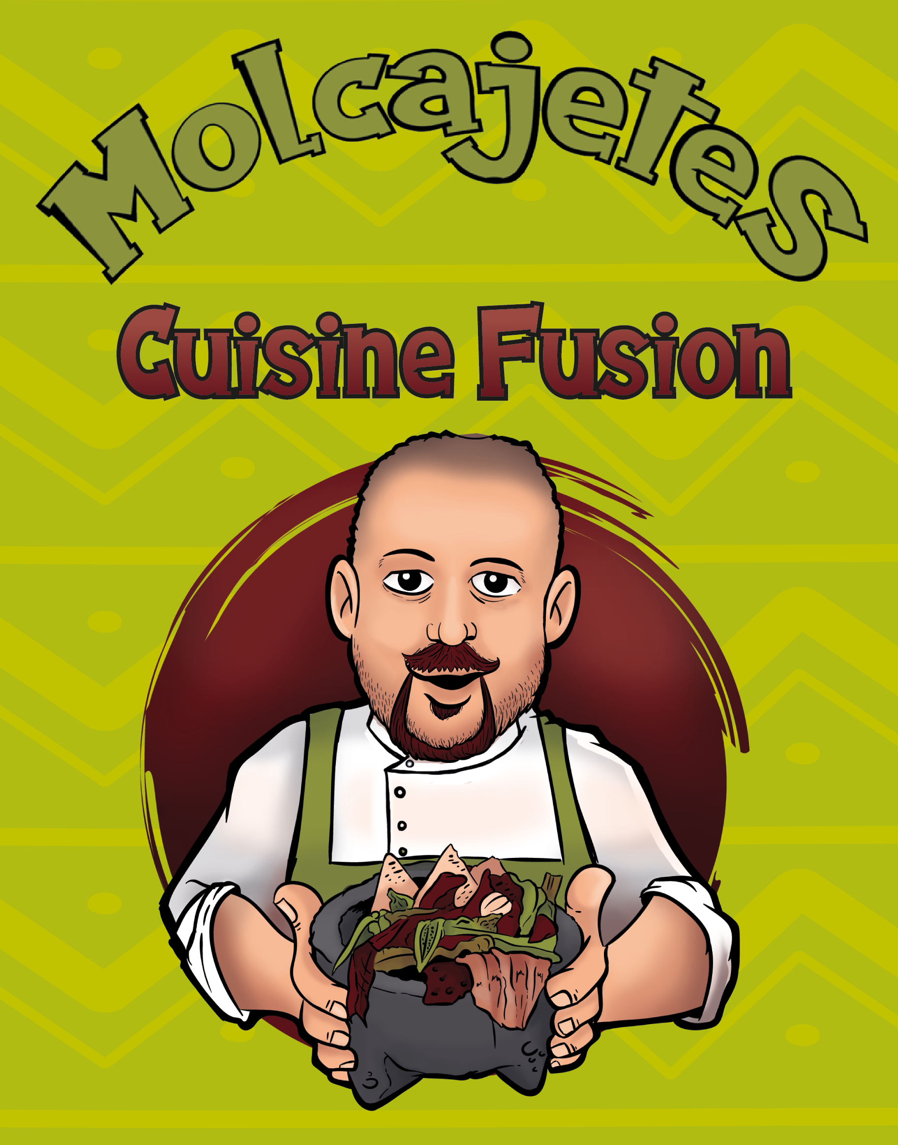 A cartoon chef holding a bowl of mixed vegetables on a vibrant green background with the text 'Molcajetes Cuisine Fusion'.