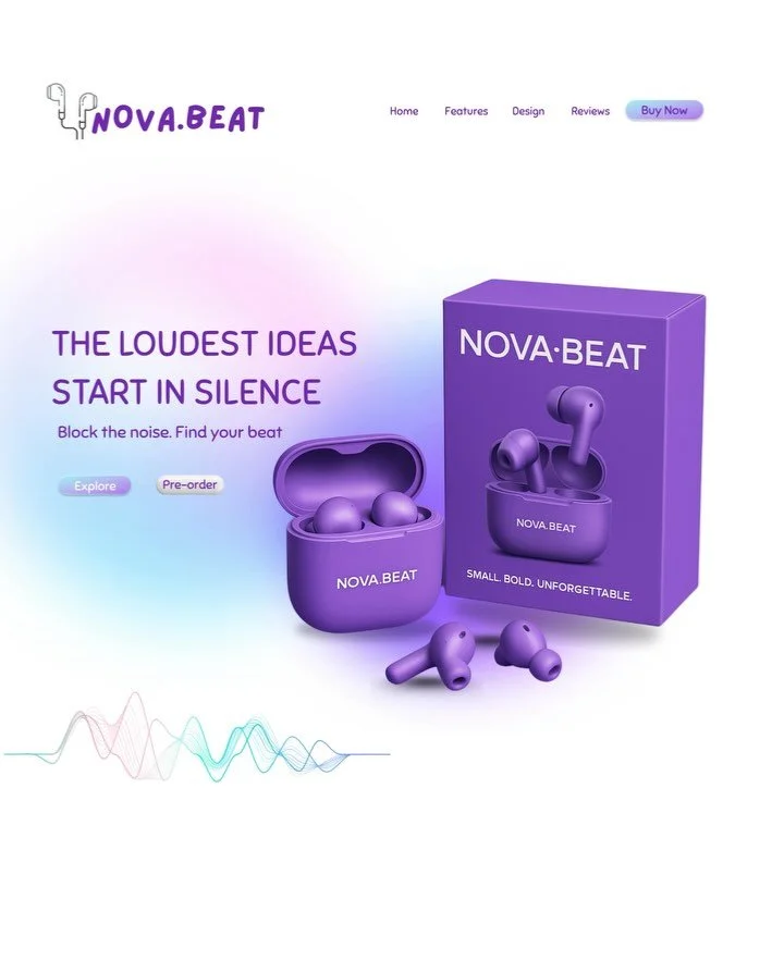 Introducing NOVA.BEAT 🎧
Mini wireless headphones with a pastel soul and a bold sound.
Every detail, from product to pixels, was crafted from scratch - a landing page built to match the vibe: clean, minimal, and full of flow.

✨ Compact. Noise-cancel