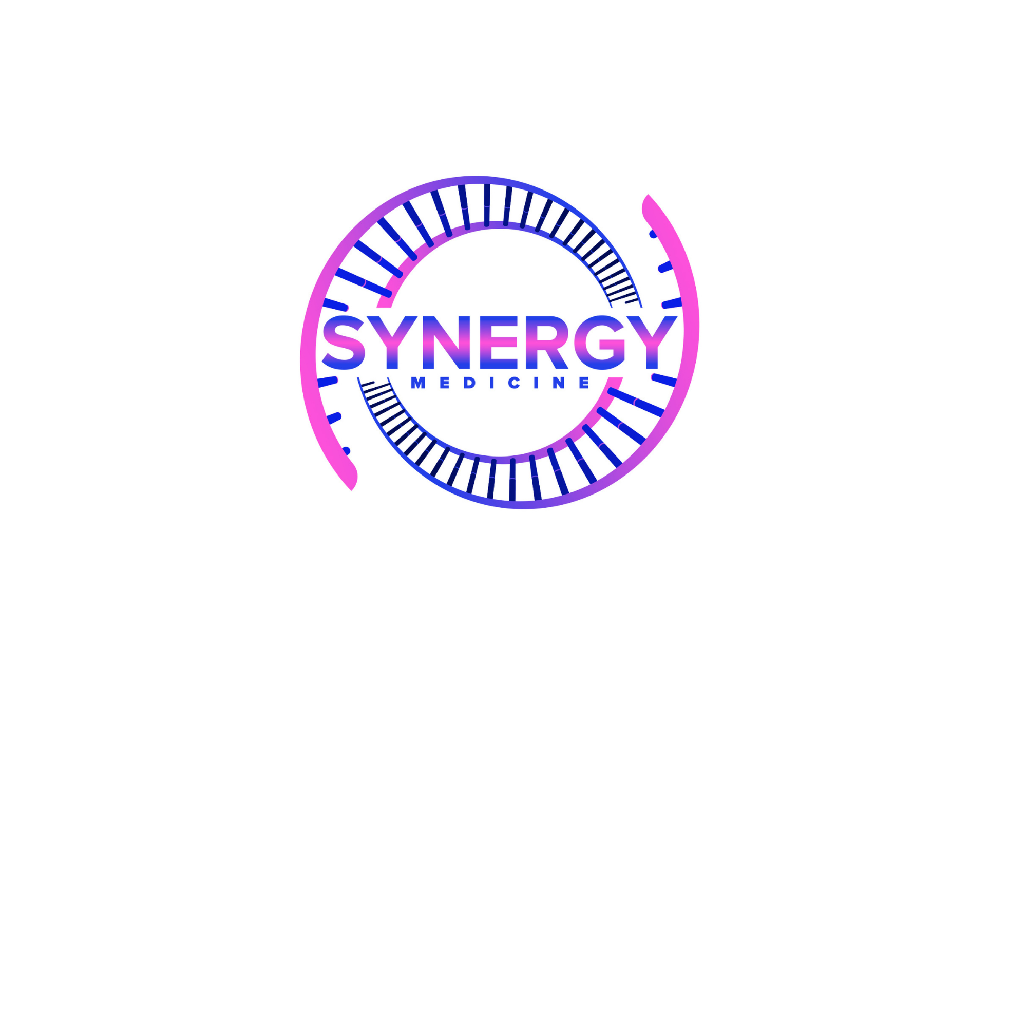 Logo of Synergy Medicine featuring a spiral design in shades of purple, pink, and blue with the word 'SYNERGY' in large purple and pink letters and 'MEDICINE' underneath in smaller blue font.