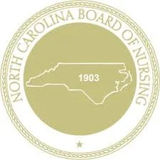 Seal of North Carolina Board of Nursing with a gold outline and map of North Carolina showing 1903