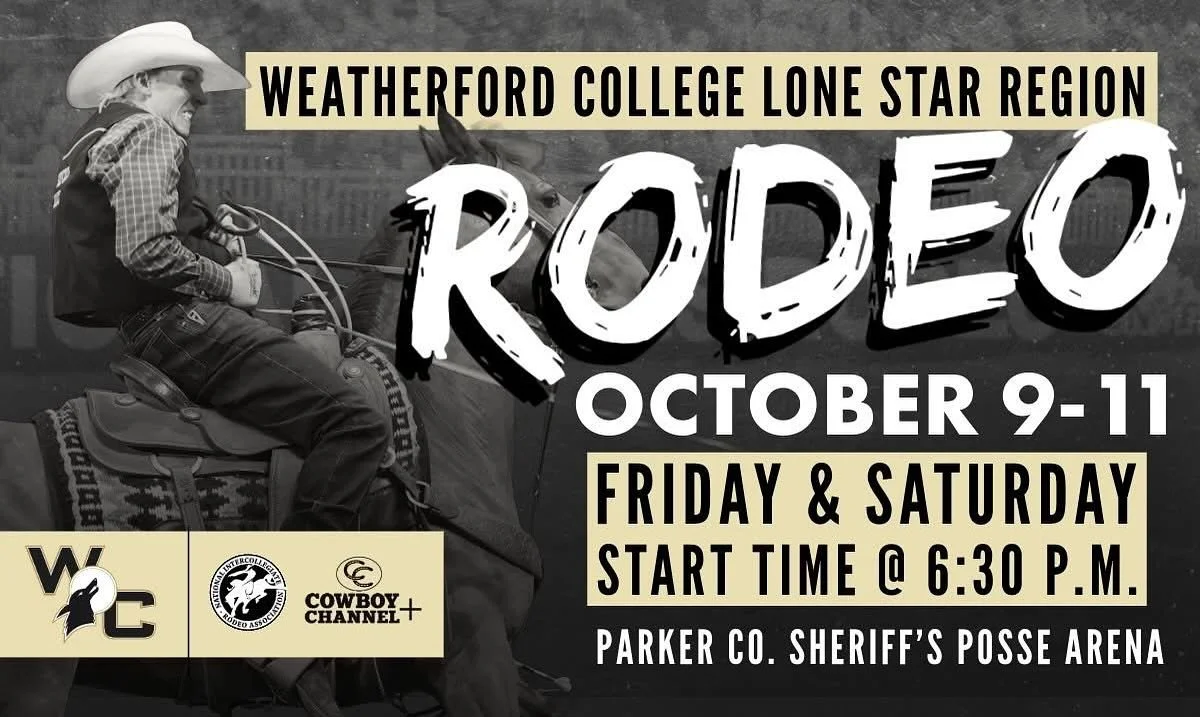 🔥 Ready for more rodeo action? The Weatherford College Lone Star Region Rodeo rides into the Parker County Sheriff&rsquo;s Posse Arena October 9&ndash;11!
Come cheer on the next generation of rodeo talent Friday and Saturday at 6:30 PM, you won&rsqu