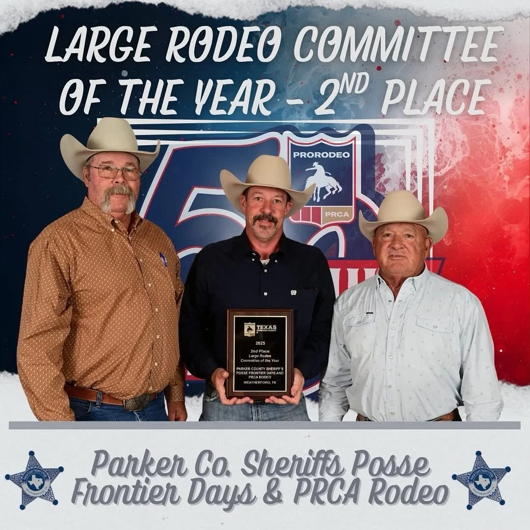The Parker County Sheriff&rsquo;s Posse brought home 2nd place for Large Rodeo Committee of the Year! 🤠 We&rsquo;re beyond thankful for the volunteers, sponsors, contestants, and fans who make this rodeo what it is. We&rsquo;ll be back in 2026 with 