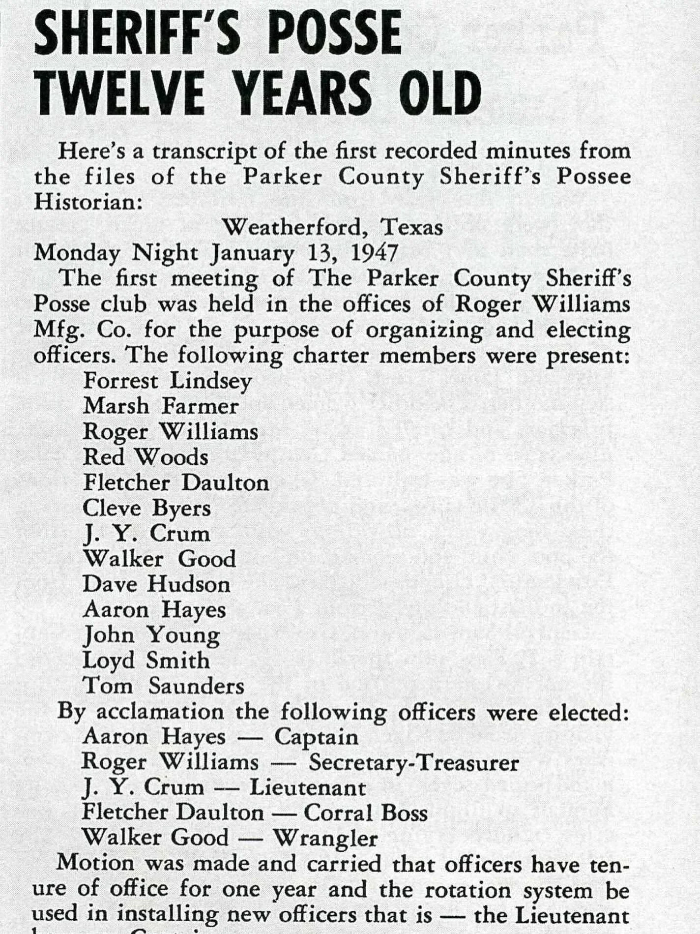 Where It All Began 🤠💙 This excerpt describes the first meeting of the Parker County Sheriff&rsquo;s Posse, listing original members present and early bylaws, as published in the 1959 program. 📸 Photo courtesy of the Parker County Historical Societ