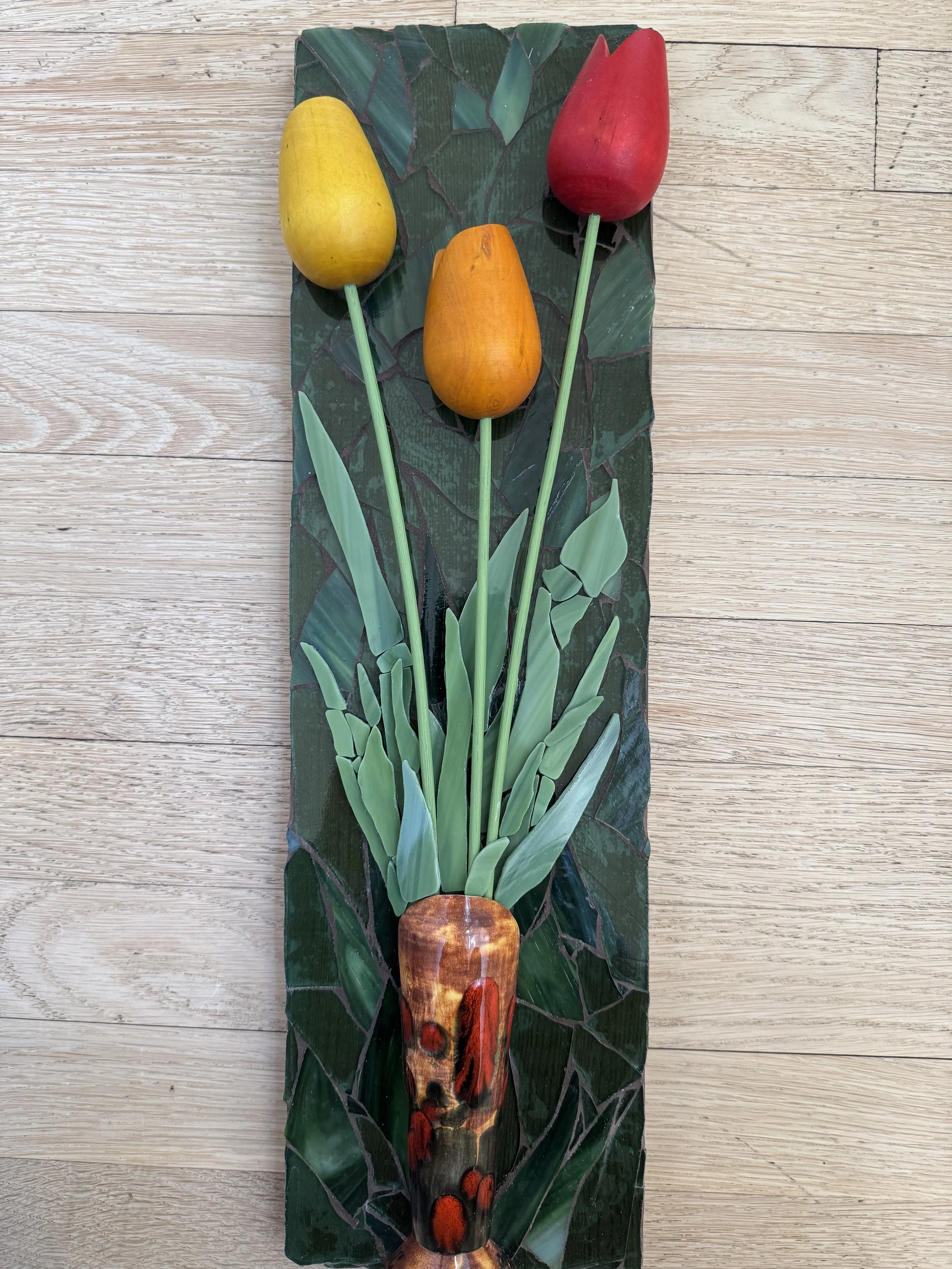 Tulips: Wooden, Scrap Glass, Stained Glass, Cedar Plank, Vase