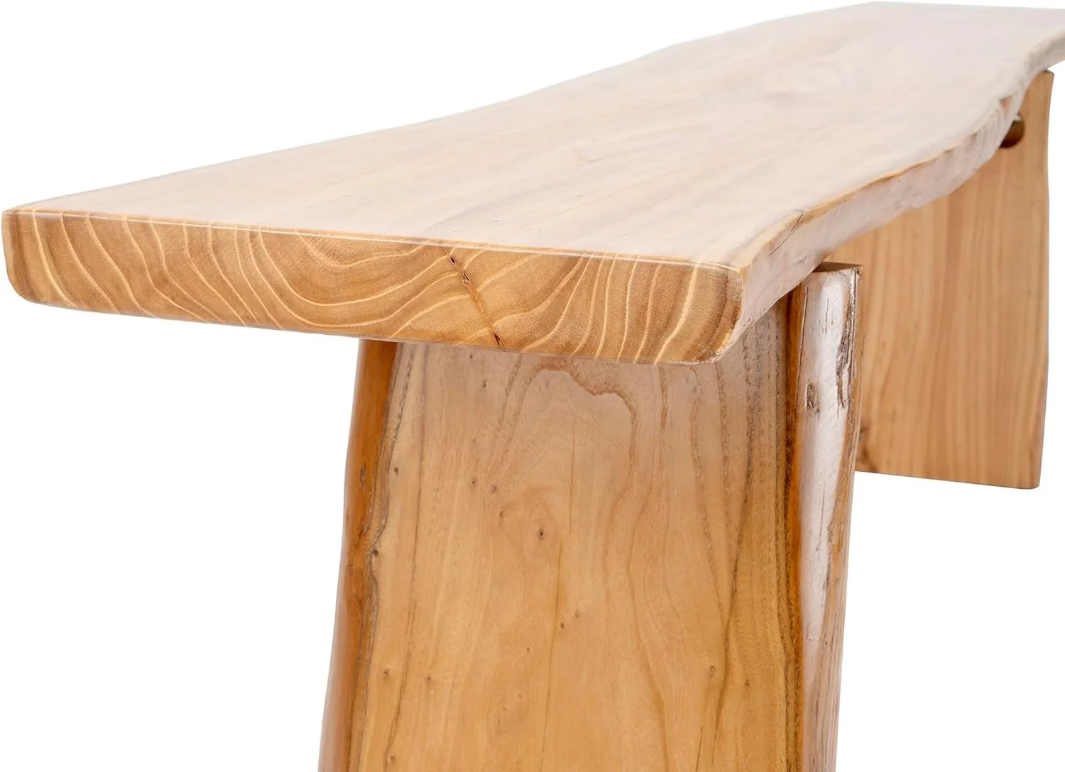 Close-up of a wooden bench with a natural, unfinished surface and sturdy legs.