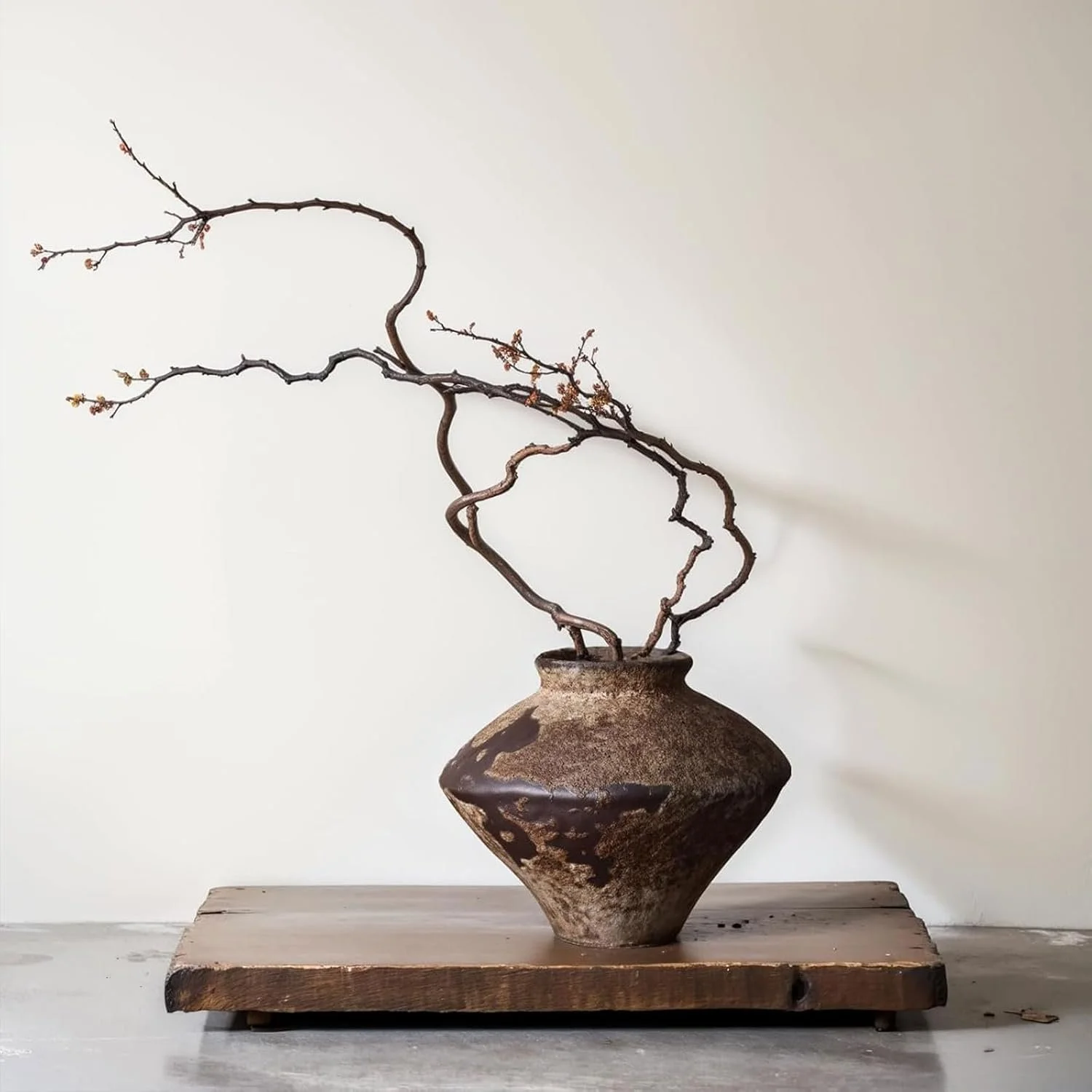 A rustic ceramic vase with a two-tone glaze, placed on a wooden base, holding a twisted, leafless branch against a plain white wall.