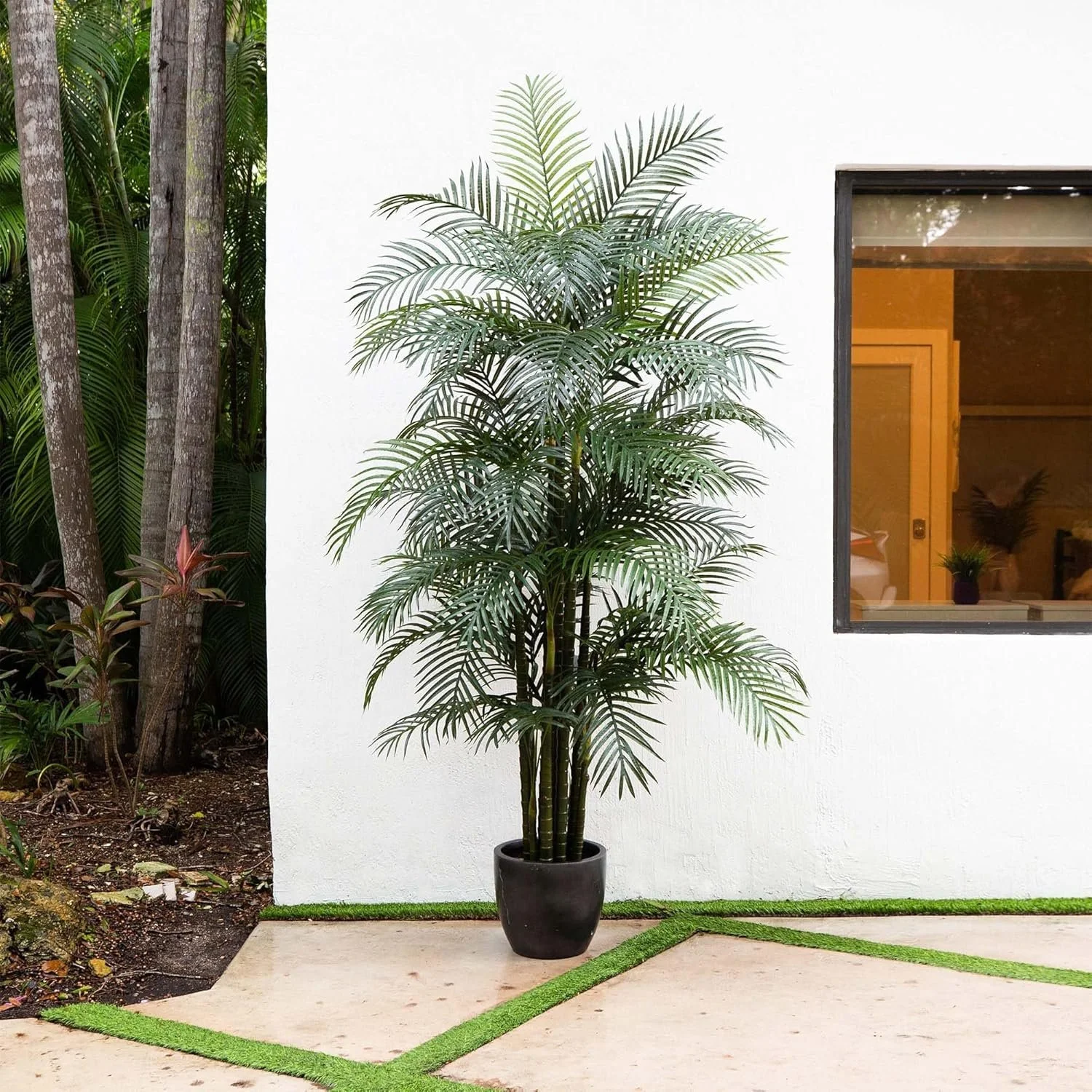 Indoor potted palm plant next to a white wall with a window, with yard space outlined in artificial grass.