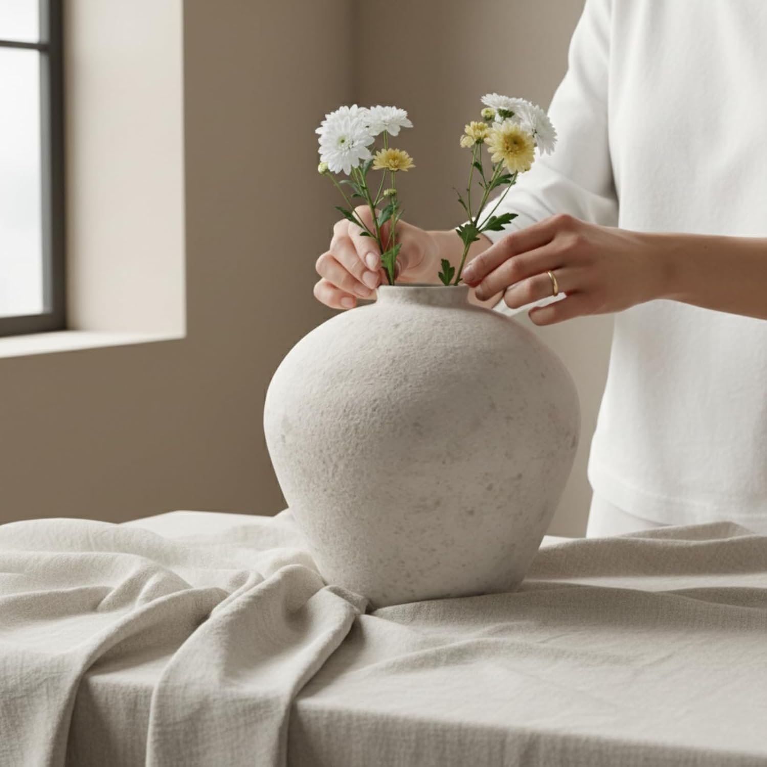 Person arranging white and yellow flowers in a textured white ceramic vase on a table with beige cloth.