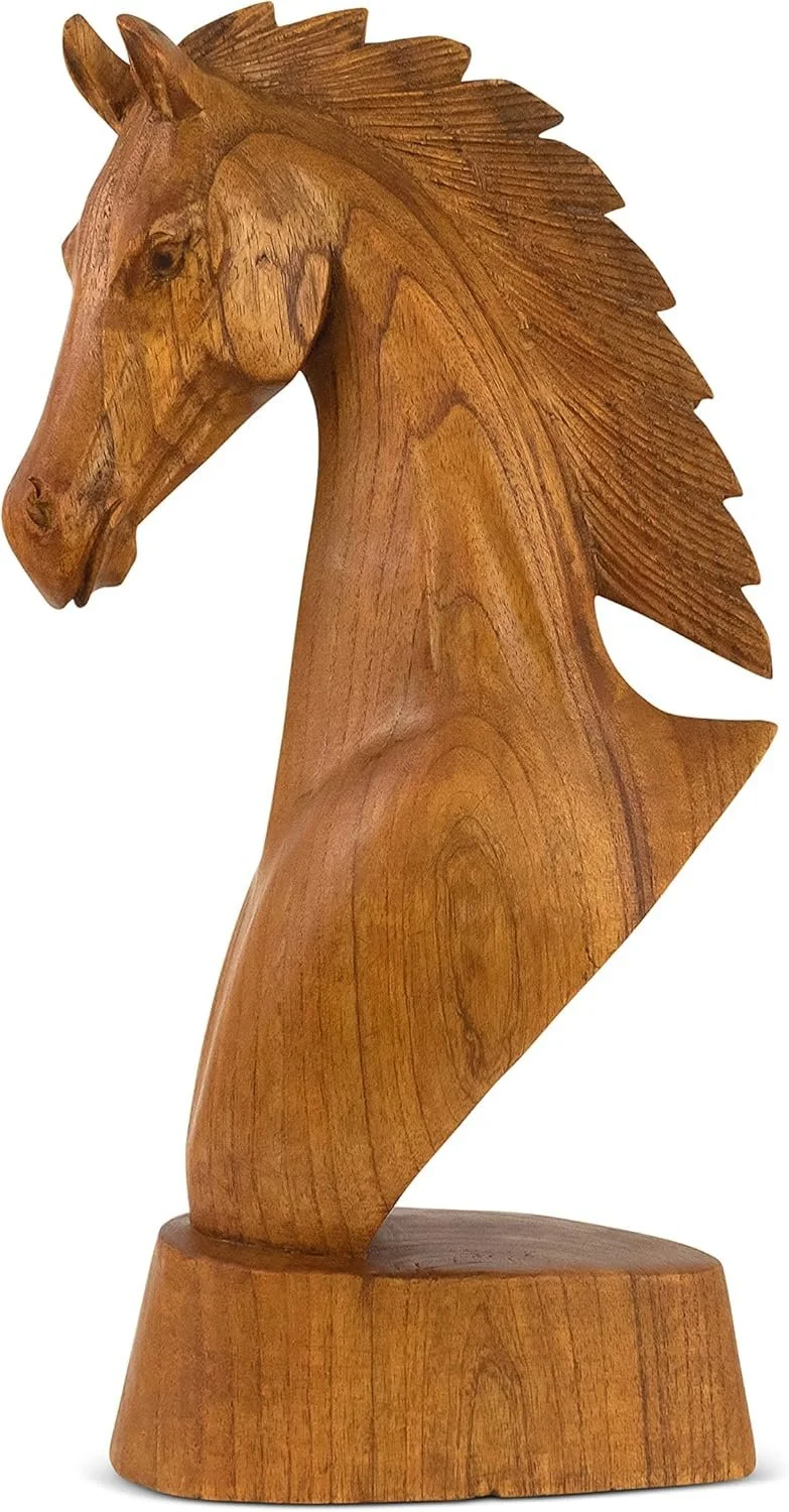 Wooden sculpture of a horse's head with detailed mane, mounted on a round wooden base.