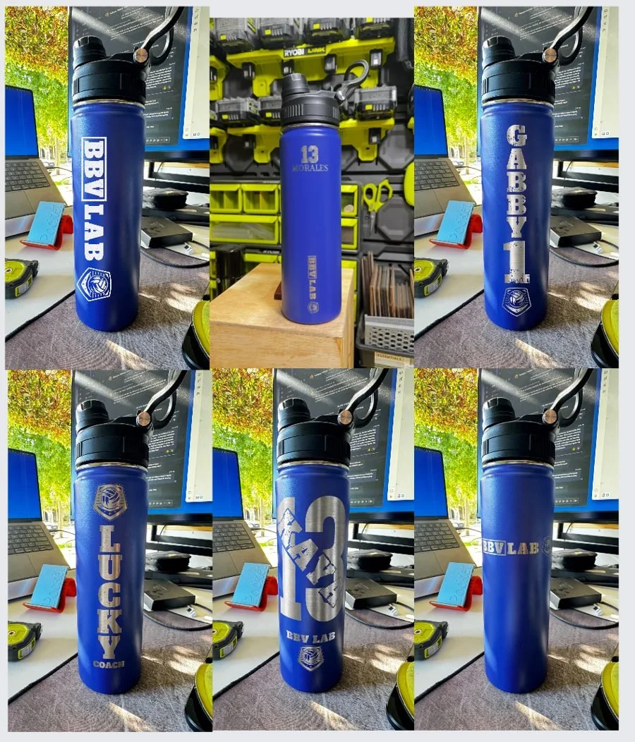 Six blue tumblers laser engraved with BBV LAB, GABBY 1, LUCKY and jersey numbers