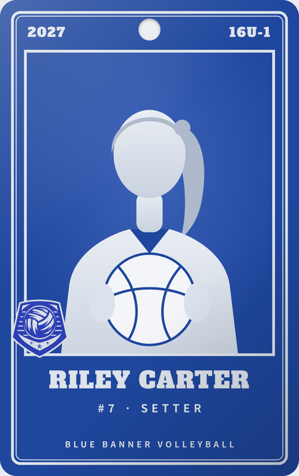 Sample metal backpack tag front for a fictional player, Riley Carter #7