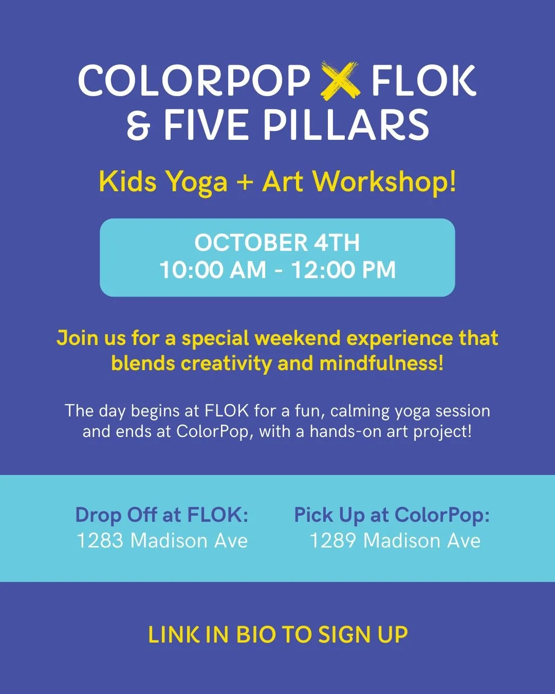✨ Weekend plans? We&rsquo;ve got the perfect combo DROP OFF workshop for your kids! ✨

For our 2-hour workshop this Saturday morning, kiddos will start the day with a calming 🧘 kids&rsquo; yoga session at FLOK (1283 Madison Ave), then stroll a few d