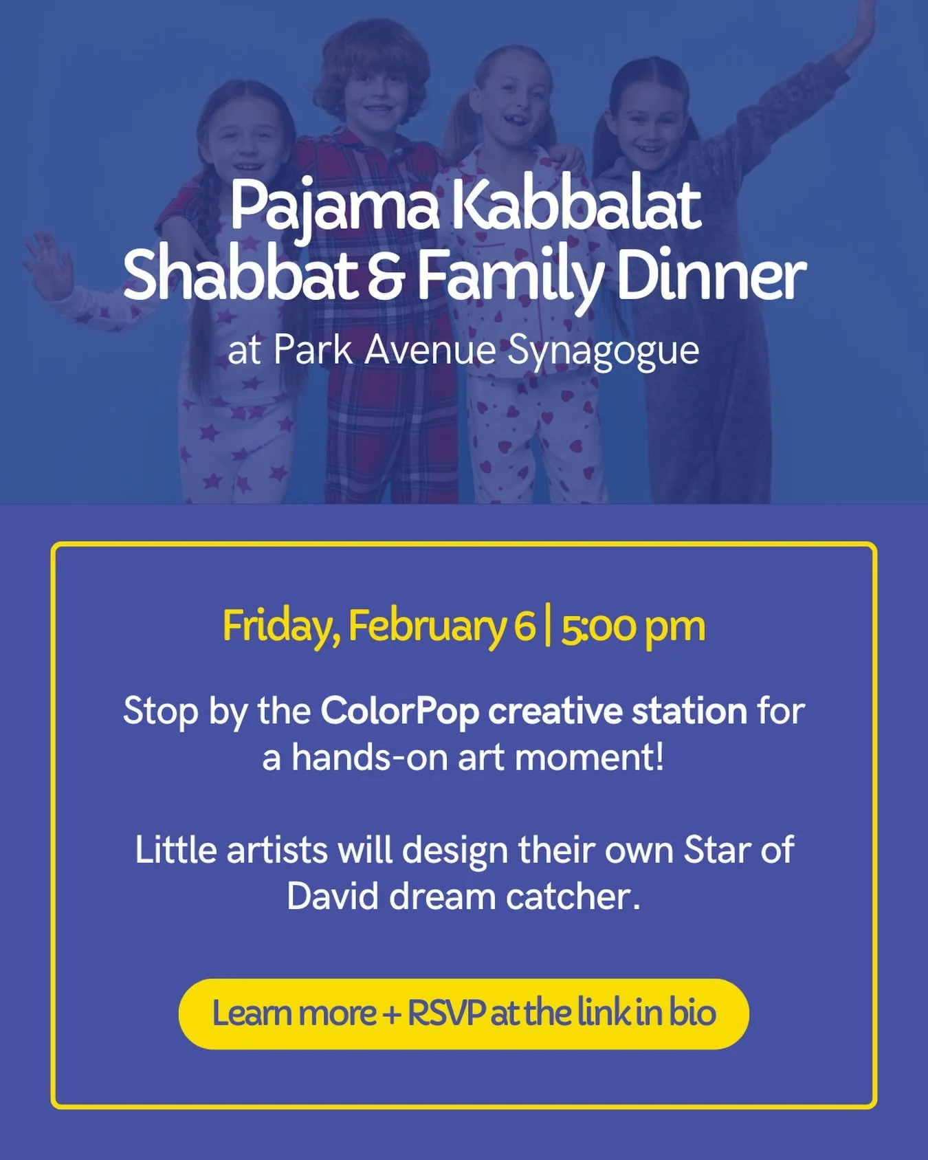PJs, Shabbat, and a little ColorPop magic ✨

Join us at @parkavenuesyn for Pajama Kabbalat Shabbat &amp; Dinner and stop by our creative station to make Star of David dream catchers 🌙

Link in bio to RSVP.