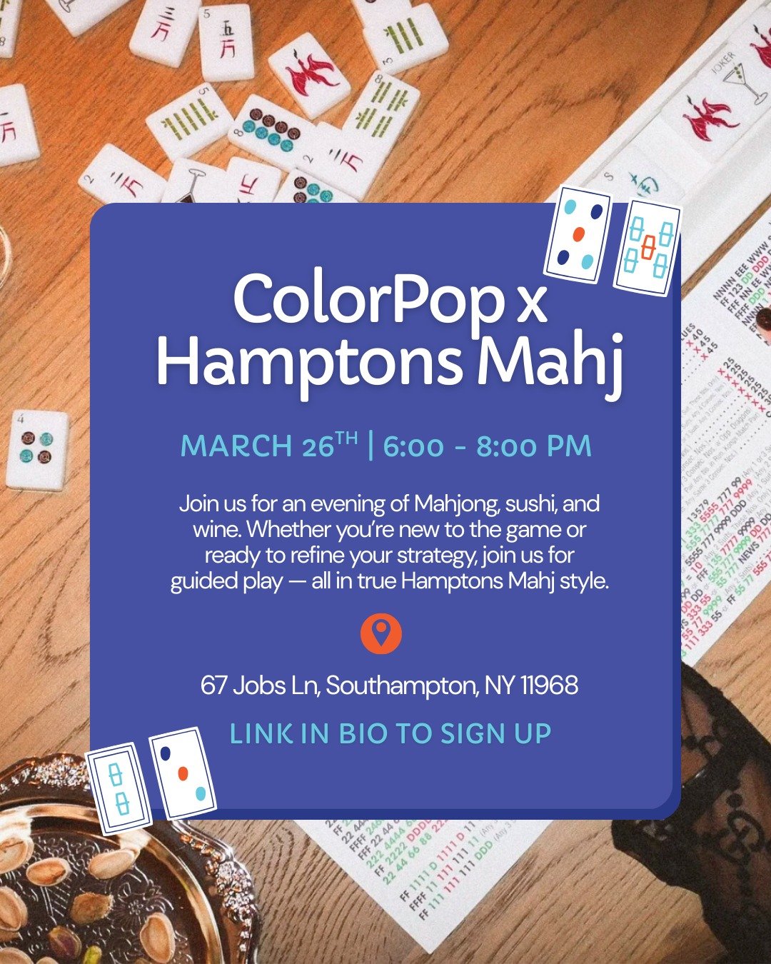 Mahj Night is back in Southampton 🍣🍷🀄️

Sushi (thanks to @sensagharbor) Guided play. Wine. The perfect night out.

Grab a friend and join us for an evening of tiles, laughs, and a little friendly competition.