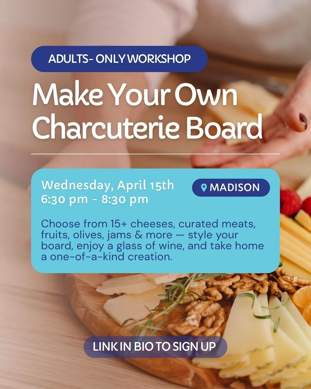 Elevate your midweek plans 🧀✨

Join us at ColorPop for a hands-on Make Your Own Charcuterie Board night&mdash;an elevated, creative evening just for adults. Choose from 15+ cheeses, curated meats, fresh fruits, olives, jams &amp; more as you design 