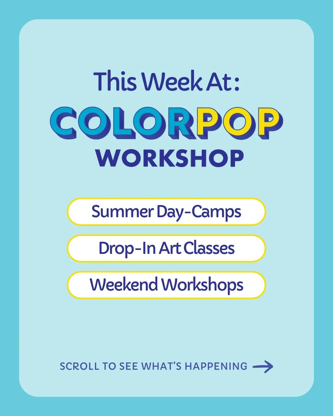 Summer&rsquo;s not done with us yet ☀️🎨
This week at ColorPop: Squishy Dumpling Workshops, Real + Fake Dot Cakes, Back-To-School Workshops, and Open-Studio all week long, plus Summer Art Camp still running Monday through Friday.

Swipe to find your 