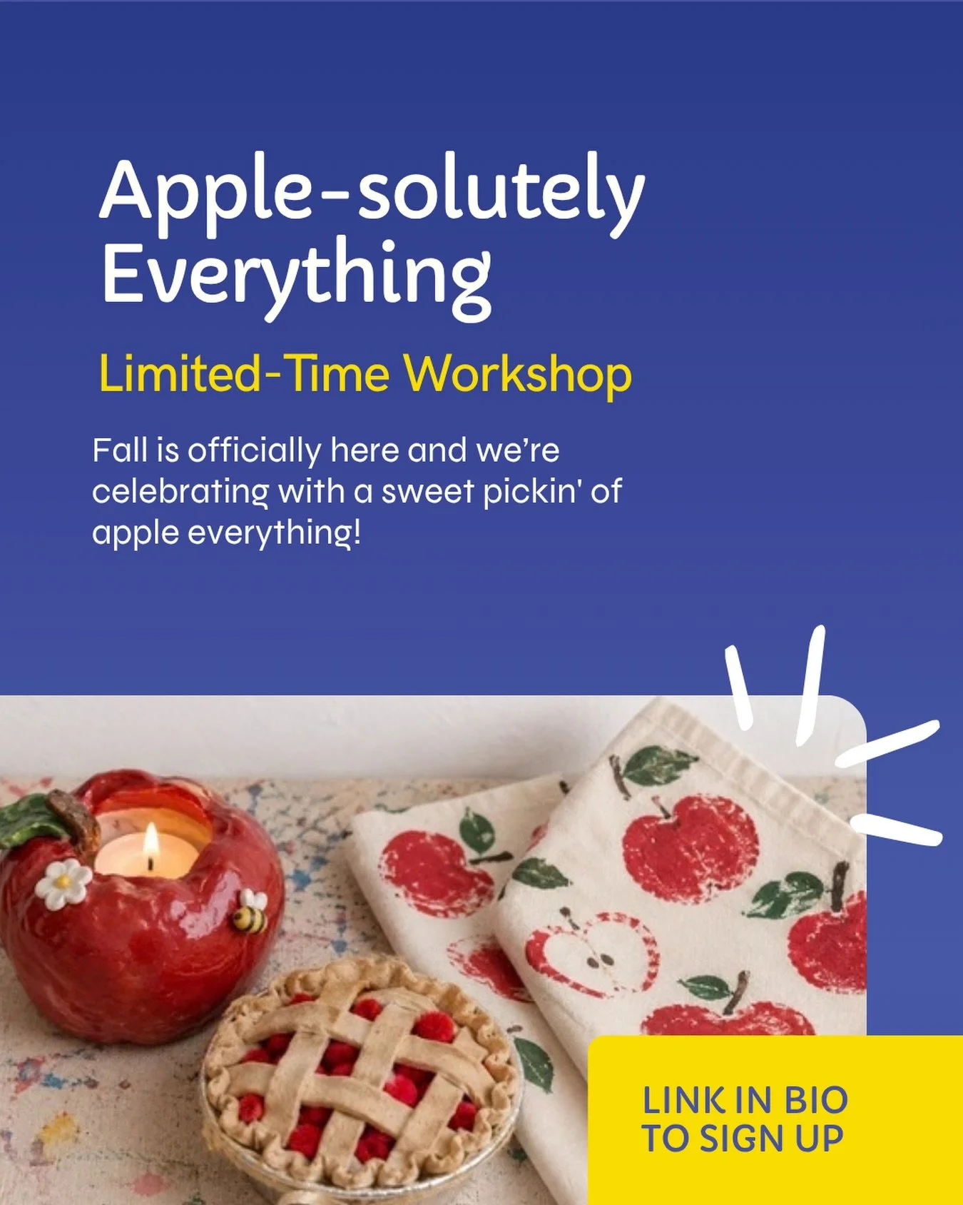 🍎 Cozy sweaters, falling leaves, and apple magic: Autumn is officially here ✨

Our Apple-solutely Everything Workshop is a full orchard of projects, and every one is as sweet as it sounds. The kiddos will sculpt their own polymer clay apple candle h