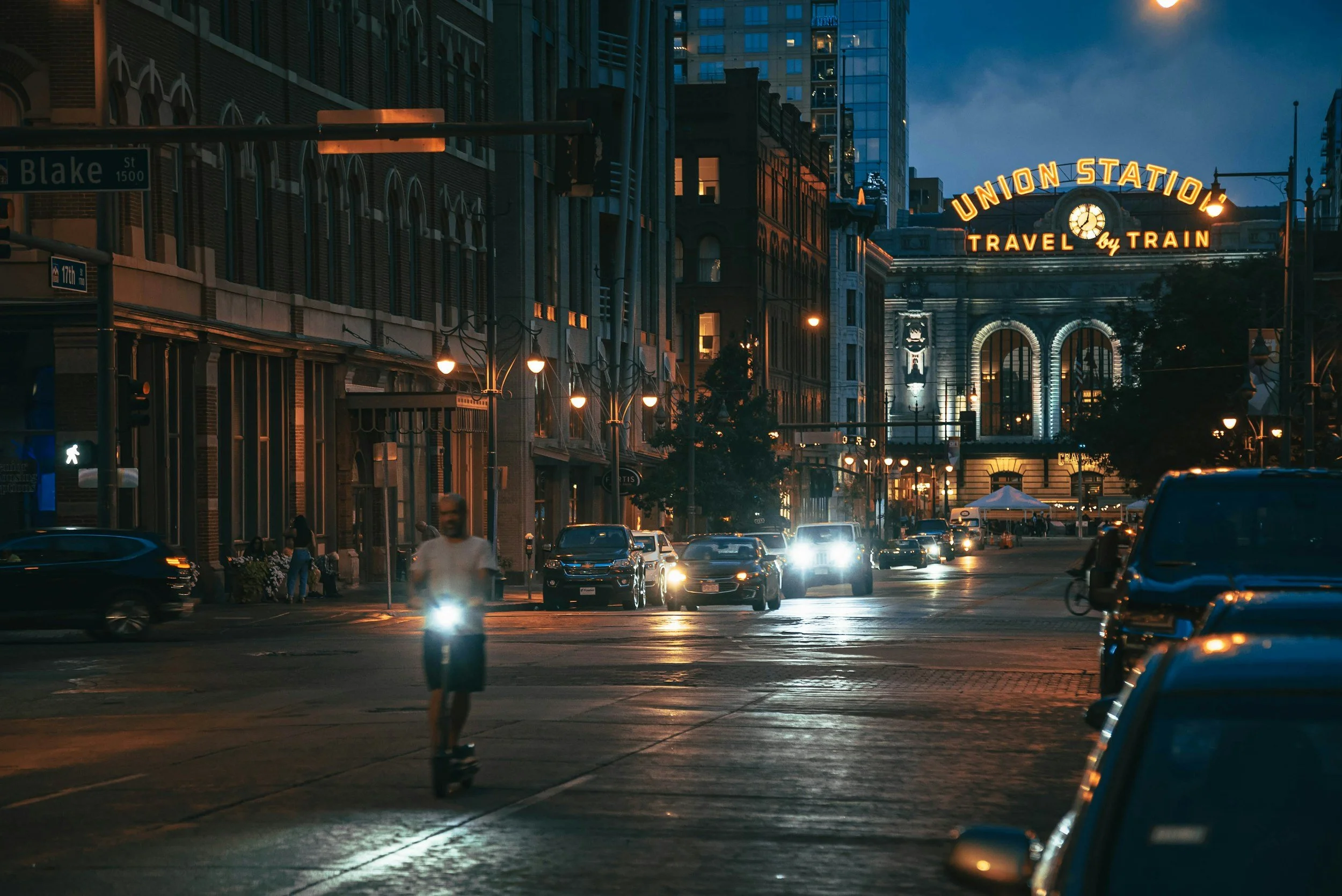 the street view showing nightlife in Colorado outside Union Station