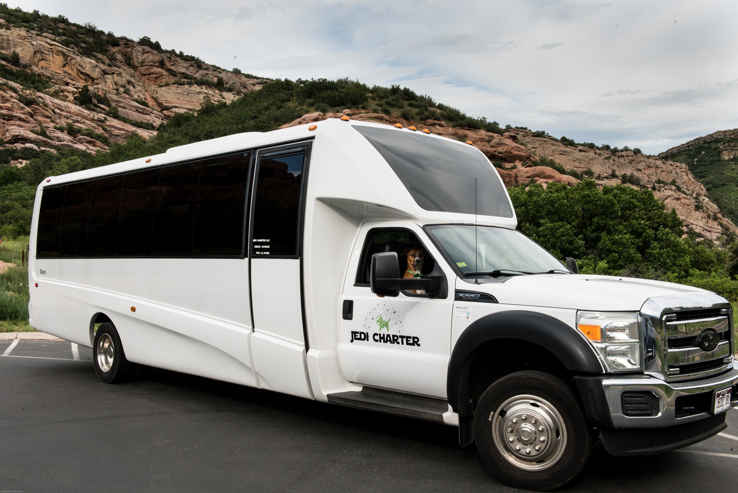 Jedi Charter party bus with their mascot, Jedi the dog, in the passenger seat and mountains in the background