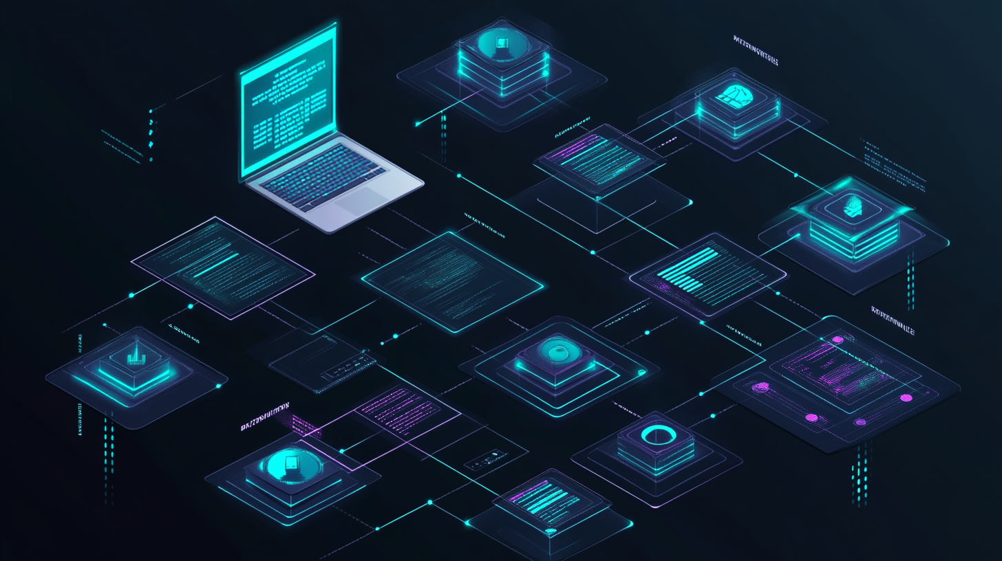 A digital illustration of a network of interconnected technology devices, including laptops, tablets, and servers, depicted with glowing blue lines and data flows on a dark background.