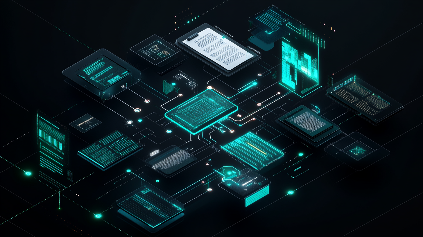 Futuristic digital illustration of interconnected devices and data screens with glowing blue accents on a dark background.