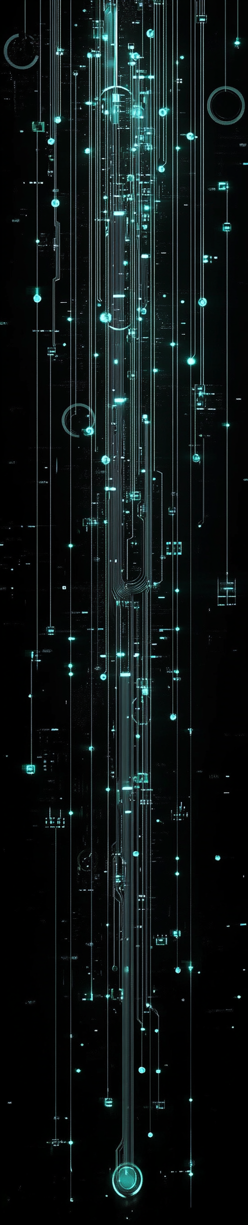 Futuristic digital network with glowing blue lines and data points on a black background.