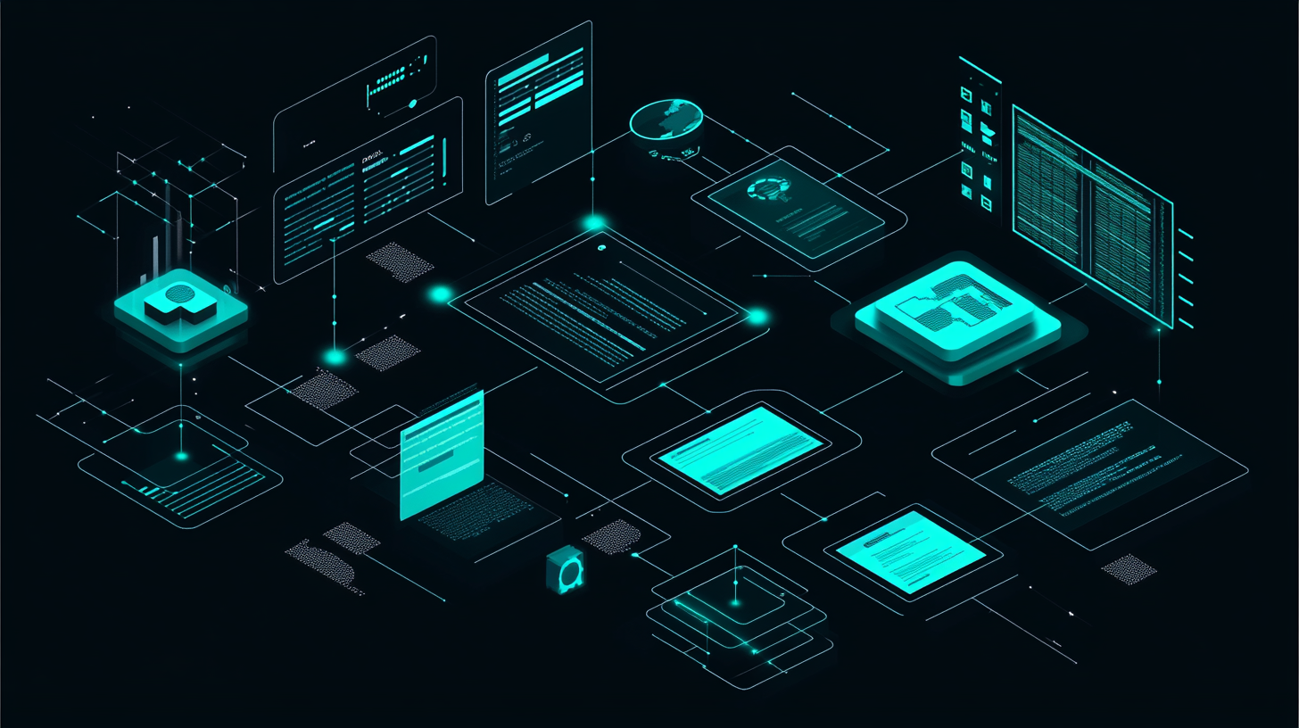 Digital illustration of interconnected technology and data interfaces, screens, and devices, featuring futuristic glowing cyan and white lines on a dark background.