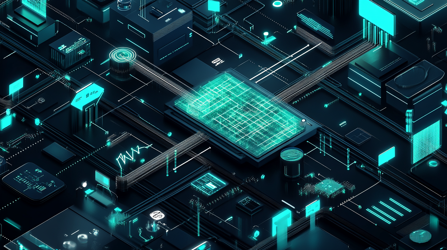Futuristic digital circuit board with glowing blue and teal technological components and pathways.