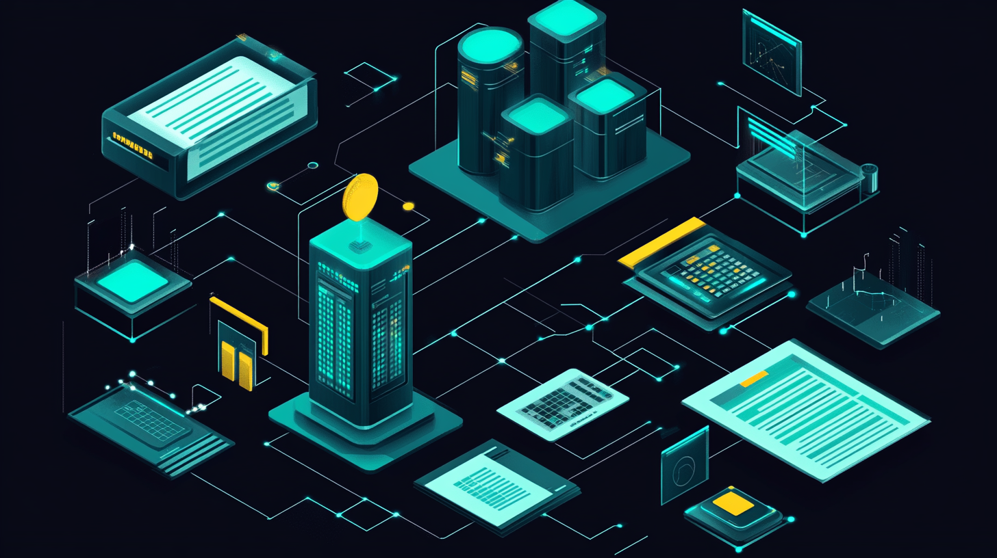 Illustration of a digital data network with servers, tablets, charts, and various data visualization devices connected via glowing lines, emphasizing technology and data flow.