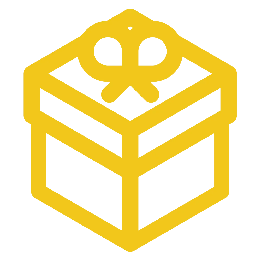 Icon of a gift box with a bow on top, depicted in yellow outline