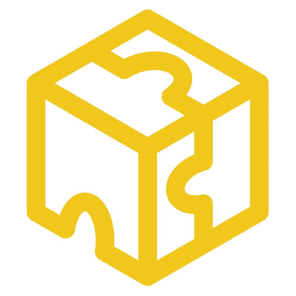 A yellow line drawing of a 3D cube with interconnected pathways or channels inside, representing a stylized maze or puzzle.