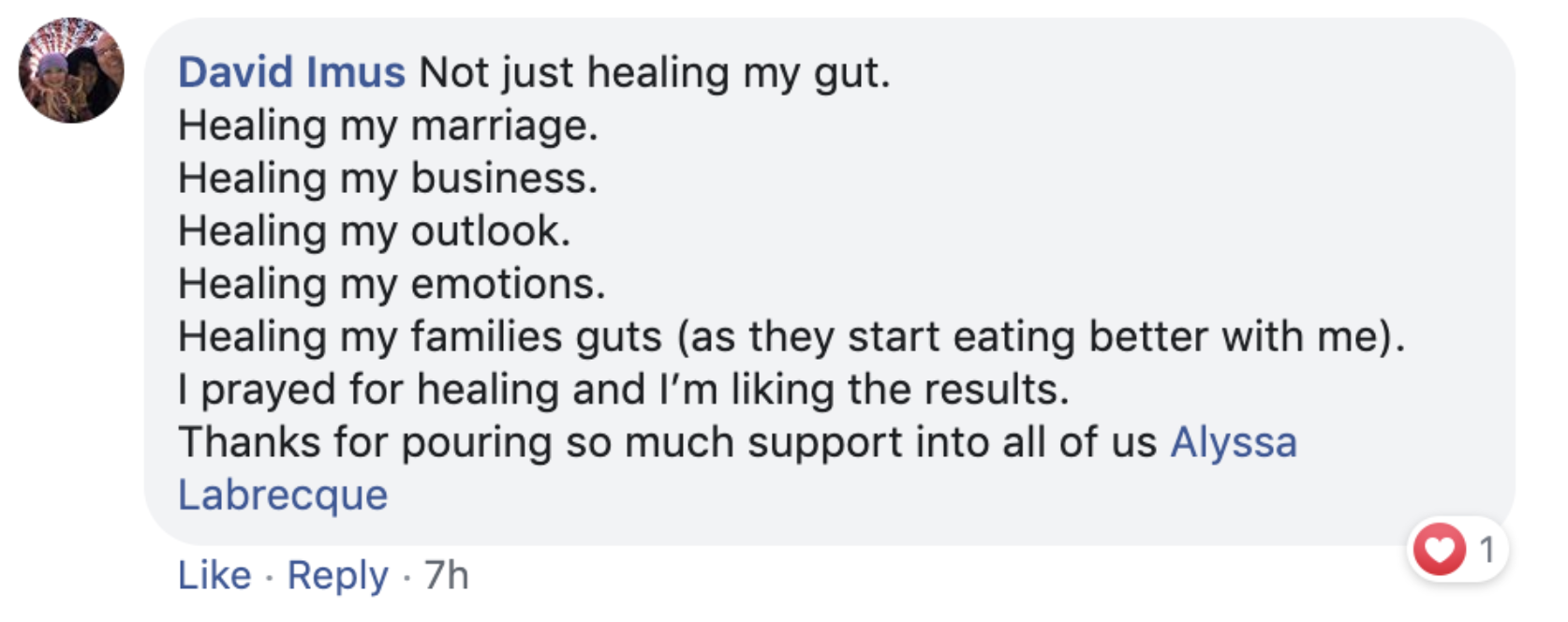 Facebook comment expressing gratitude for healing in various aspects of life and thanking someone named Alyssa for their support, with a heart reaction.