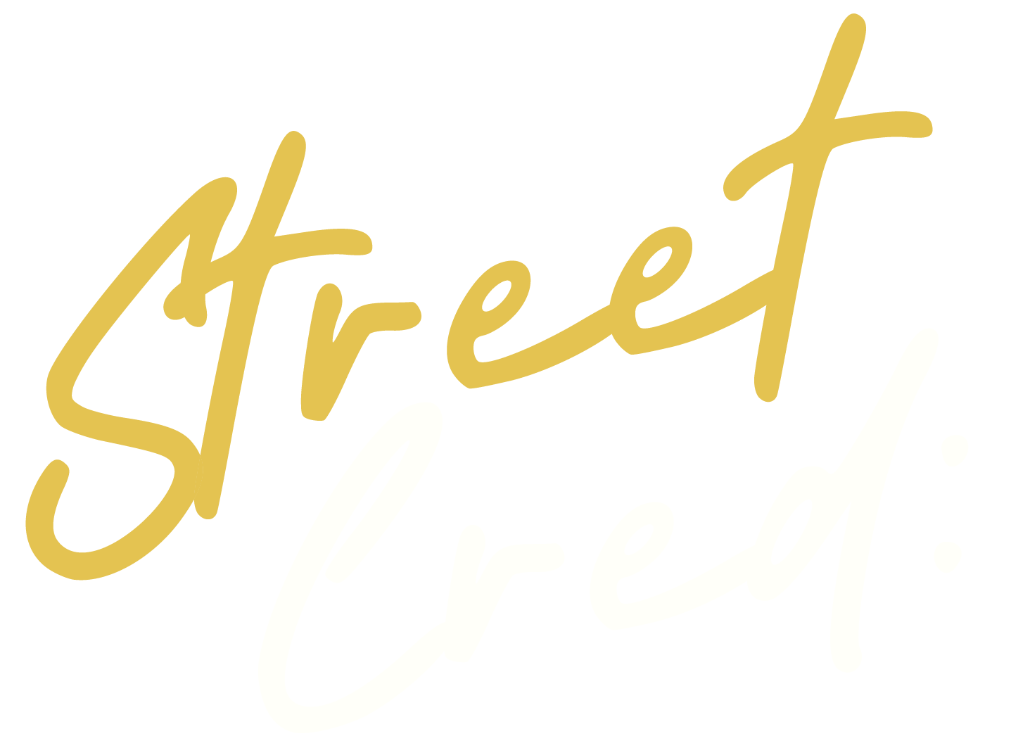 "Street Cred" in yellow cursive text on a white background.