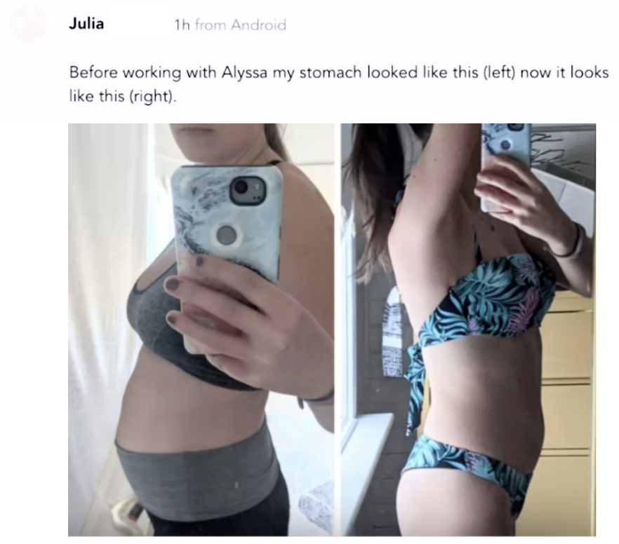 Two side-by-side photos showing a woman's body transformation, with the left image displaying her in a gray sports bra and leggings, and the right image showing her in a bikini with a more defined waistline.