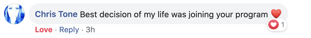 Social media comment with a user expressing satisfaction about a program and includes a heart emoji.