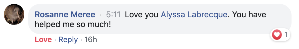 Facebook comment from Rosanne Meree expressing gratitude towards Alyssa Labrecque, accompanied by a red heart reaction.
