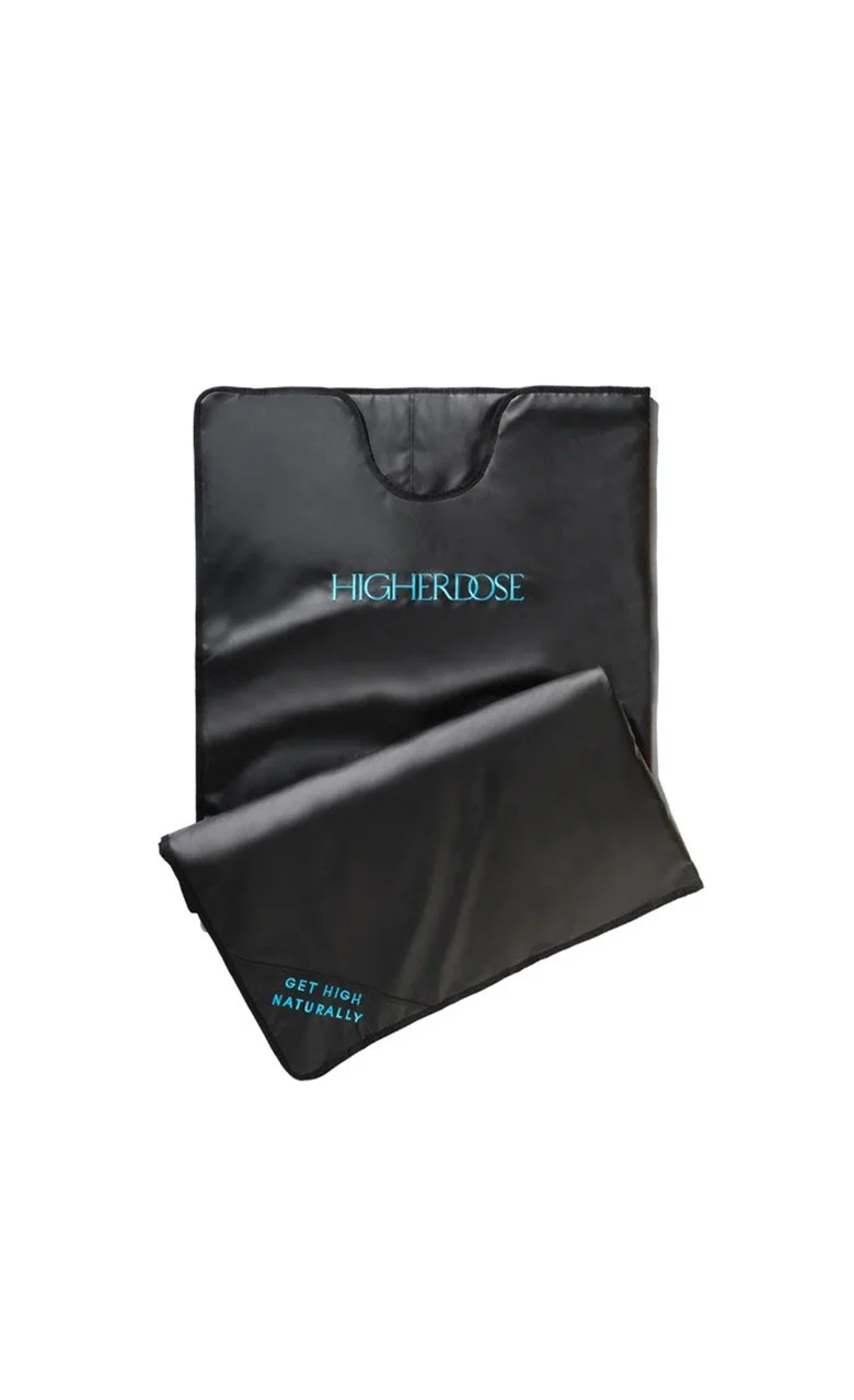 Black infrared sauna blanket with blue text "HIGHERDOSE" and "GET HIGH NATURALLY."