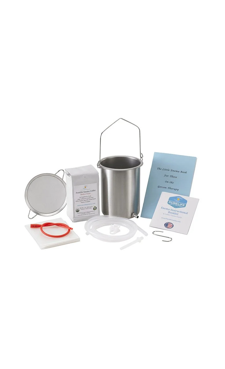 Coffee enema kit with stainless steel bucket, tubing, filter, coffee bag, instruction booklets, and accessories on white background.