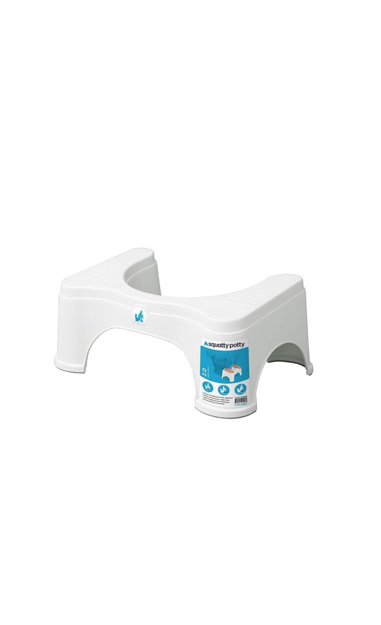White bathroom footstool labeled "Squatty Potty" for toilet posture.