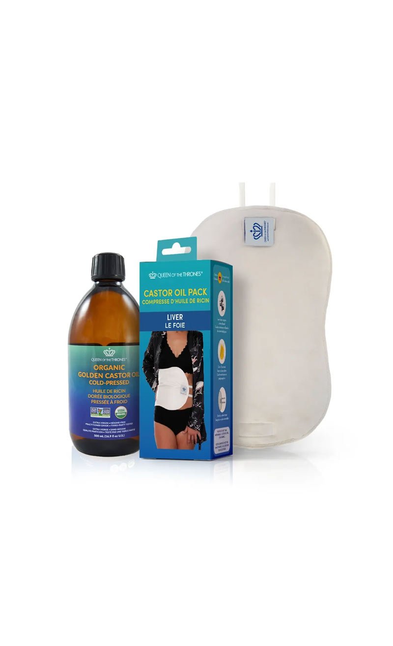 Bottle of organic castor oil, castor oil pack box with liver graphic, and white pack with straps.