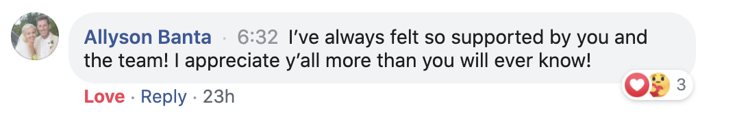 A Facebook comment by Allyson Banta expressing gratitude for support from her team. It has received three heart reactions and was posted 23 hours ago.