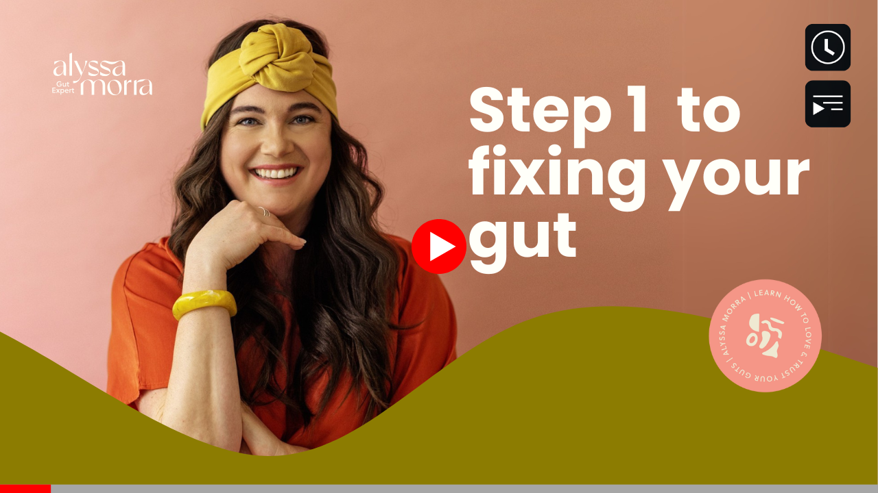 Thumbnail for a YouTube video titled "Step 1 to fixing your gut" featuring a smiling woman with long hair, wearing a yellow headband and orange dress. The text also reads "Alyssa Morra Gut Expert. Learn how to love & trust your guts"